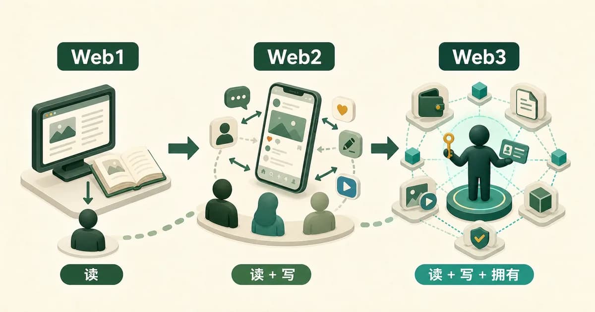 Web1、Web2 和 Web3 从只读、读写到用户拥有数字身份与资产的区别示意图